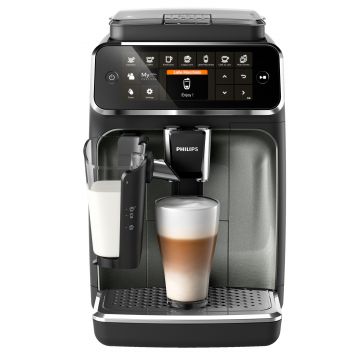 Espressor automat Philips Seria 4300 EP4349/70, sistem de lapte LatteGo, 8 bauturi, 15 bar, display digital TFT, filtru AquaClean, rasnita ceramica, optiune cafea macinata, functie MEMO 2 profiluri, Negru