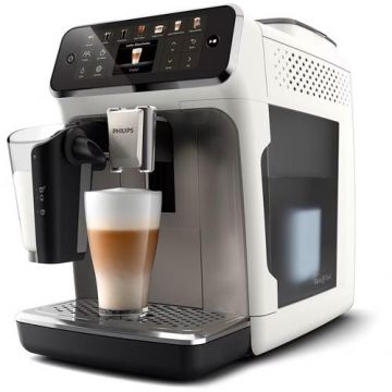 Espressor automat Philips Seria 4400 EP4443/70, 1500 W, 1.8 l, 15 bar, 12 setari macinare, Ecran TFT Tactil, LatteGo, 5 intensitati aroma (Alb/Argintiu)
