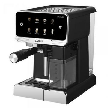 Espressor Manual Samus INFINITY 20, 1350 W, 20 Bari, Rezervor apa 1800 ml, Rezervor lapte 500 ml, 7 Optiuni de cafea, Duza spumare lapte si tavita de colectare detasabile (Negru/Inox)