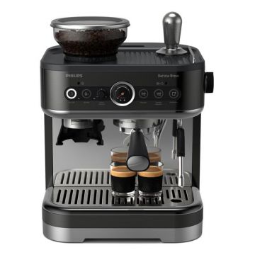 Espressor semi-automat Philips Barista Brew PSA3218/10, 1350 W, 4 buc portfiltre din otel,  Rasnita incorporata, 15 setari de macinare, Carafa din otel (Argintiu/Negru)
