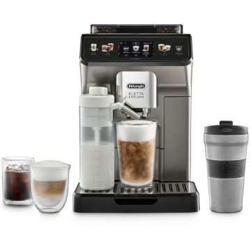 Espressor Automat Eletta Explore ECAM450.86.T 1.8L 2 Carafe cu Tehnologie LatteCrema Rasnita cu Tehnologie Bean Adapt Coffee Link App Cana 473ML 19Bar 1450W Gri Titan