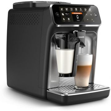 Espressor automat Philips EP4346/71 seria 4300, presiune 15 bari, solutie de lapte LatteGO, 8 tipuri de bauturi, ecran tactil intuitiv, Tehnologie noua SilentBrew pentru preparare silentioasa, rasnita ceramica, functie QuickStart (Negru/Bronz)