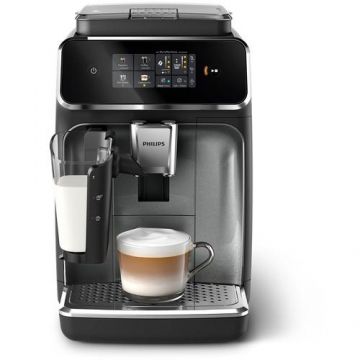 Espressor automat Philips seria 2300 EP2339/40, 1500W, presiune 15 bari, solutie de lapte LatteGO, 4 tipuri de bauturi, 3 nivele de intensitate a aromei, capacitate 2 cesti, filtru AquaClean, optiune cafea macinata (Negru)