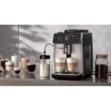 Espressor automat Saeco GranAroma SM6582 30, 16 bauturi, Ecran TFT color, 6 Profiluri utilizator, Filtru AquaClean, Rasnita ceramica, Functie DoubleShot (Negru Argintiu)