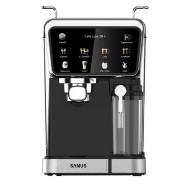 Espressor manual Samus CAFE LUXE 20 K, 1350 W, 20 bari, Rezervor apa 1.5 l, Rezervor lapte 0.5 l, 8 bauturi (Negru/Inox)