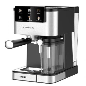 Espressor manual Samus LATTECCINO 20, 1350 W, 200 bari, Rezervor apa 1.5 l, Rezervor lapte 500 ml, 7 bauturi (Negru/Inox)