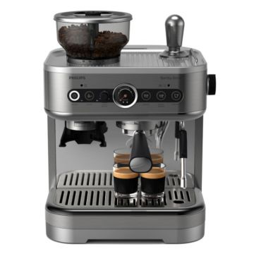Espressor Philips, semi-automat PSA3228/01, rasnita integrata, recipient pentru boabe dublu, design modern cu carcasa metalica acoperita cu un strat anti-amprenta, Gri