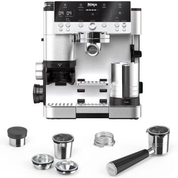 Espressor semi-automat Ninja 3in1 Luxe Cafe Premier ES601EU, 1650 W, 14 bar, 2l, Sistem spumare lapte Dual Froth, 25 setari macinare, Cantar digital incorporat, Culoare Inox