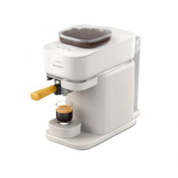 Espressor semi-automat Philips Baristina BAR300/03, 1550 W, Rezervor apa 1.2 l, Rasnita incorporata, Recipient boabe 170 gr, Portafiltru portocaliu (Alb)