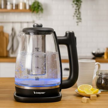 Fierbator 2 in 1 pentru apa si ceai Beper, 1.8 L, 22.5x17x25.5 cm, 2200 W, sticla/plastic/inox, negru/transparent